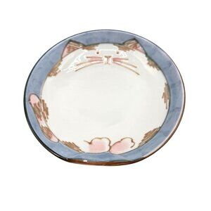 Takahashi Whimsical Fat Cat Sauce Dish Embossed Blue Rim Pour Spout Japan